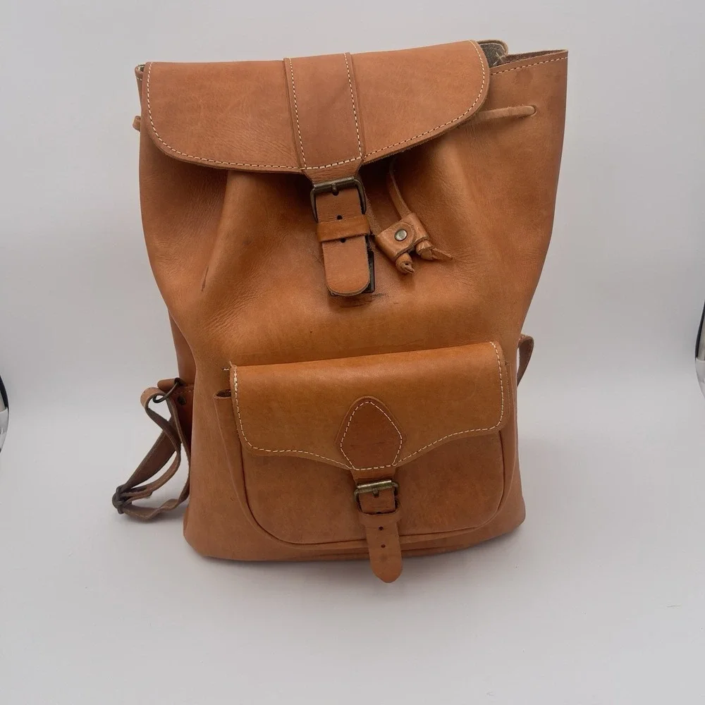 Brown Leather Hiking Backpack 15L Drawstring Buckle 2-Pocket Adjustable Straps